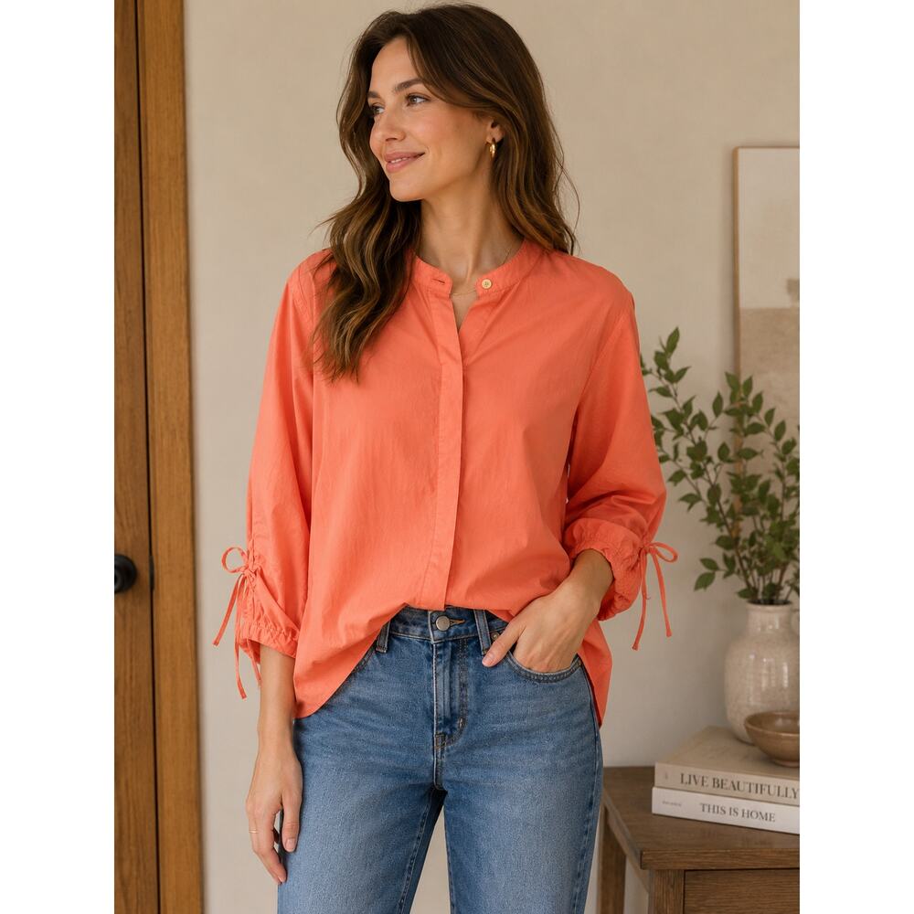 Lauren Ralph Lauren Coral Blouse Size 12 Tie Sleeve Mandarin Collar Button Front